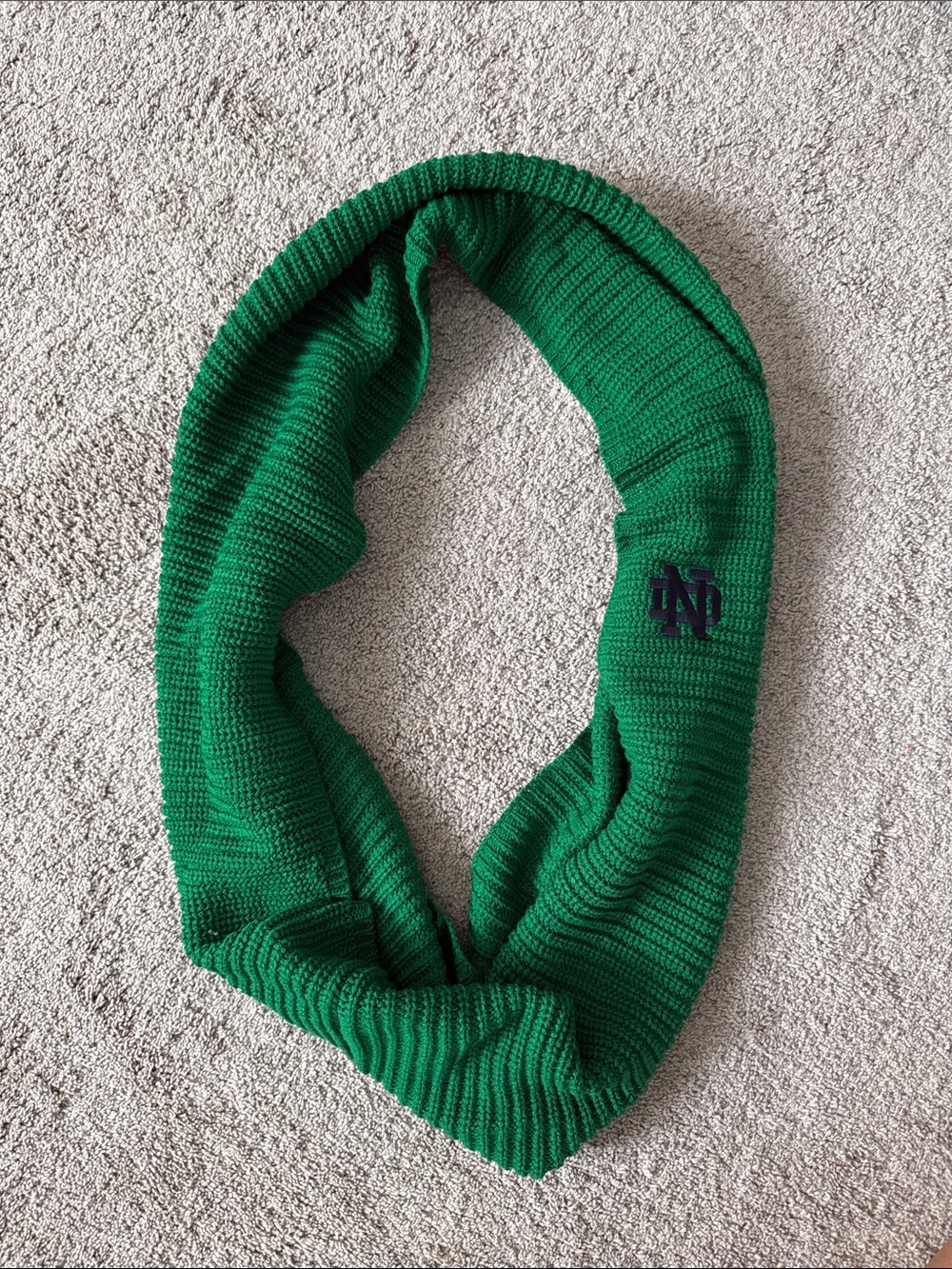 Green Knit Infinity Notre Dame Scarf with Embroidered Monogram
